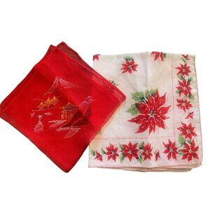 Red & White Handkerchief Set Poinsettia & Japan Scenery Vintage